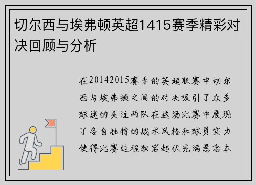 切尔西与埃弗顿英超1415赛季精彩对决回顾与分析