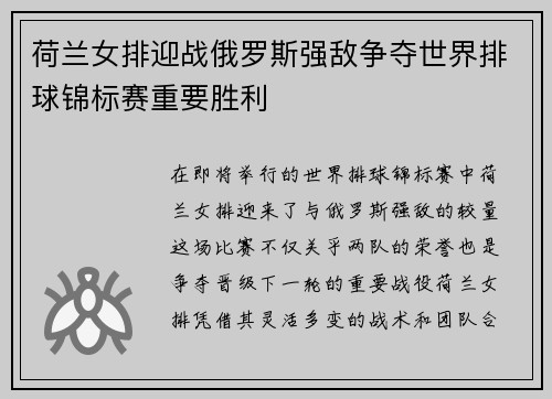 荷兰女排迎战俄罗斯强敌争夺世界排球锦标赛重要胜利