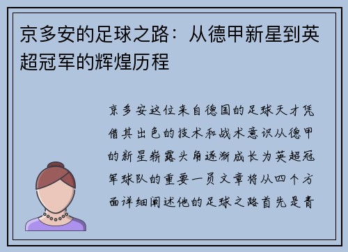 京多安的足球之路：从德甲新星到英超冠军的辉煌历程