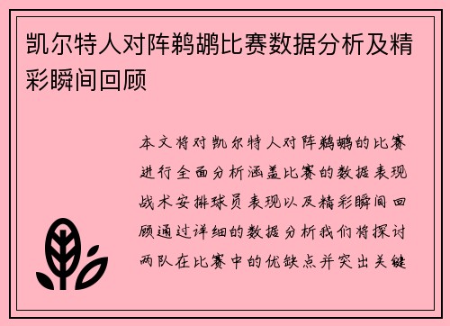 凯尔特人对阵鹈鹕比赛数据分析及精彩瞬间回顾
