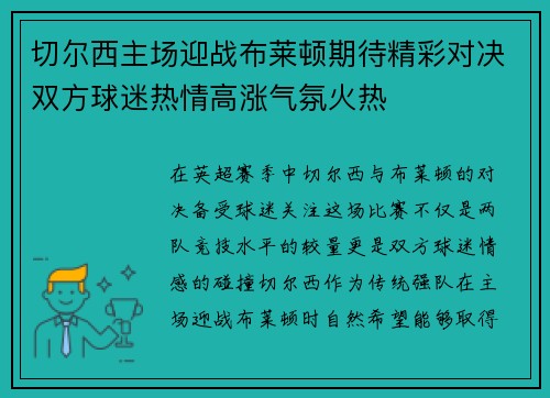 切尔西主场迎战布莱顿期待精彩对决双方球迷热情高涨气氛火热