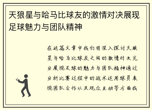 天狼星与哈马比球友的激情对决展现足球魅力与团队精神