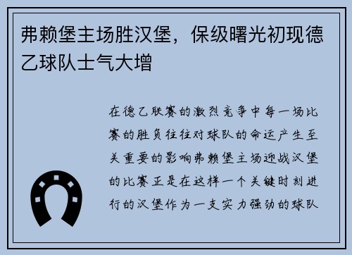 弗赖堡主场胜汉堡，保级曙光初现德乙球队士气大增