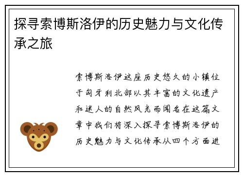 探寻索博斯洛伊的历史魅力与文化传承之旅