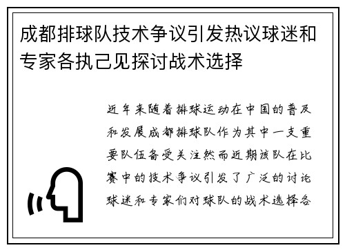 成都排球队技术争议引发热议球迷和专家各执己见探讨战术选择