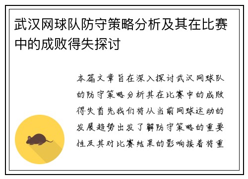 武汉网球队防守策略分析及其在比赛中的成败得失探讨