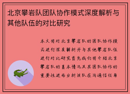 北京攀岩队团队协作模式深度解析与其他队伍的对比研究