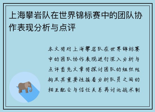上海攀岩队在世界锦标赛中的团队协作表现分析与点评