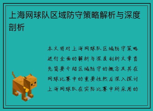 上海网球队区域防守策略解析与深度剖析
