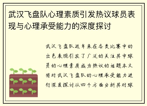 武汉飞盘队心理素质引发热议球员表现与心理承受能力的深度探讨
