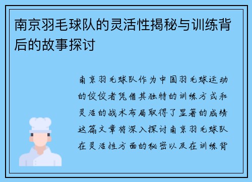 南京羽毛球队的灵活性揭秘与训练背后的故事探讨