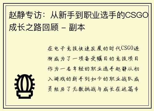 赵静专访：从新手到职业选手的CSGO成长之路回顾 - 副本